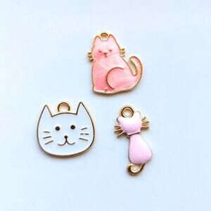 Whimsical Gold Tone Pink Enamel Various Kitty Cat Mini Pendant Bracelet Charms
